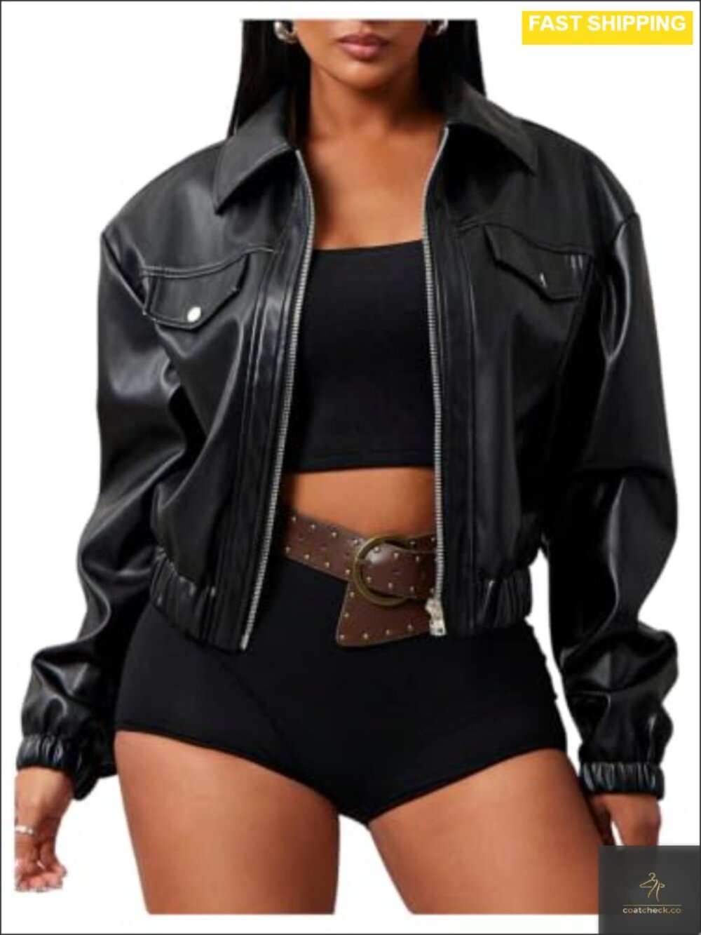 Faux Leather Moto Jacket Zip Up Biker Coat Loose Fit Fall